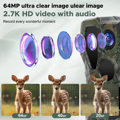 Trail Camera,64MP 2.7K 0.2S Trigger Motion Activated,Game Hunting Camera with Night Vision 2.0''LCD 120°Wide Camera Lens for Outdoor Scouting Wildlife Monitoring(Only Support Camera's Hotspot WiFi)