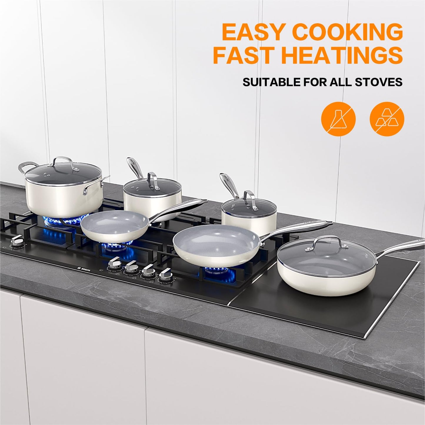 FELAMP Ceramic Nonstick Cookware Set, 10-Piece Non Toxic Pots and Pans Set with Glass Lids, PFOA-Free Healthy Kitchen Ware, Induction Compatible & Oven Safe, Easy Clean Dishwasher Safe - Cream White