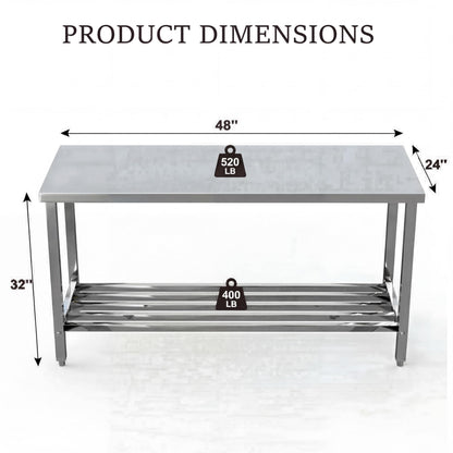 Garvee 48" x 24" Stainless Steel Folding Prep Table, Heavy Duty Commercial Work Table with Adjustable Undershelf for Restaurant, Kitchen, Food Service, Space-Saving, No Installation Required