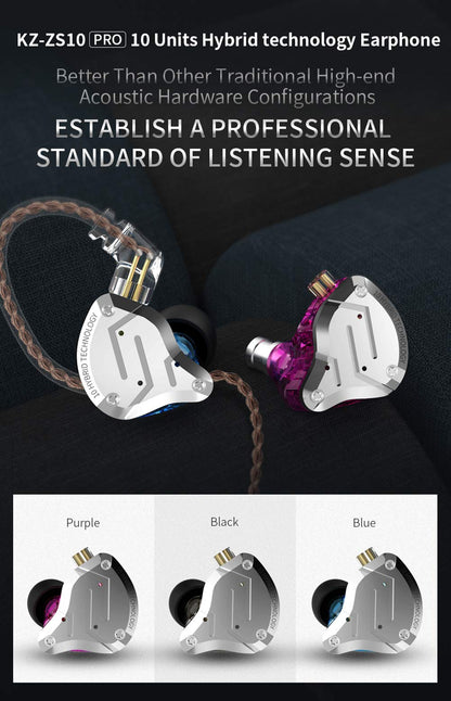 Five Driver Headphones,KZ ZS10 PRO High Fidelity Noise-Isolating Earbuds/Earphones with Detachable Cable 2Pin 0.75mm (with MIC, Purple)