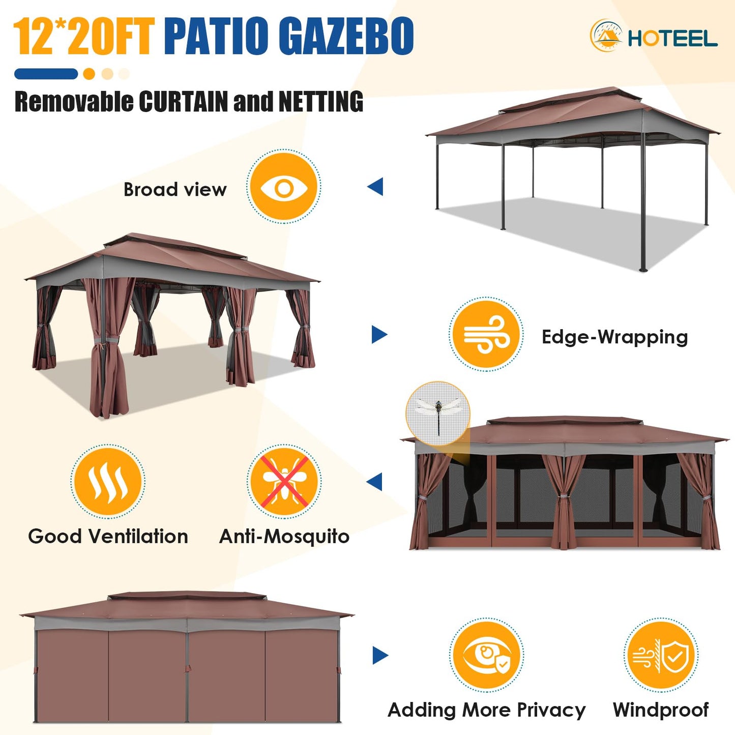 HOTEEL Gazebo 12x20, Outdoor Gazebo on Clearance with Double Ventilated Arc Roof, Privacy Curtains & Mosquito Netting, Easy Set up Canopy Tent with Stable Metal Frame for Patio Gazebo, Brown