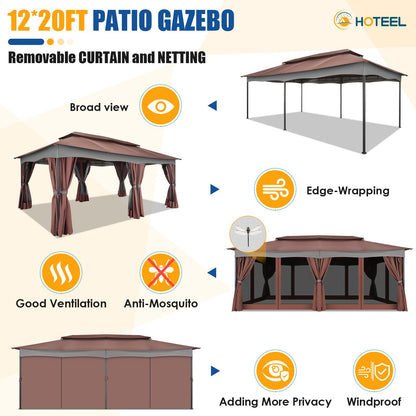 HOTEEL Gazebo 12x20, Outdoor Gazebo on Clearance with Double Ventilated Arc Roof, Privacy Curtains & Mosquito Netting, Easy Set up Canopy Tent with Stable Metal Frame for Patio Gazebo, Brown