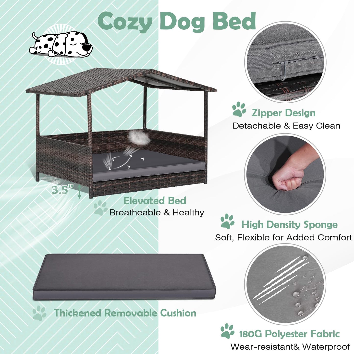 HAPPAWS Wicker Dog Bed House, Indoor Outdoor HDPE Rattan Dog Houses, Raised Dog Cot Pet House, Elevated Pets Sofa w/Washable Cover, Waterproof Roof Shelter, Removable Cushion Lounge