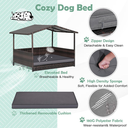HAPPAWS Wicker Dog Bed House, Indoor Outdoor HDPE Rattan Dog Houses, Raised Dog Cot Pet House, Elevated Pets Sofa w/Washable Cover, Waterproof Roof Shelter, Removable Cushion Lounge
