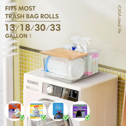 iCASA Trash Bag Dispenser - 2-in-1 Acrylic Organizer with Bamboo Lid | Holds Up to 100 Large Rolls
