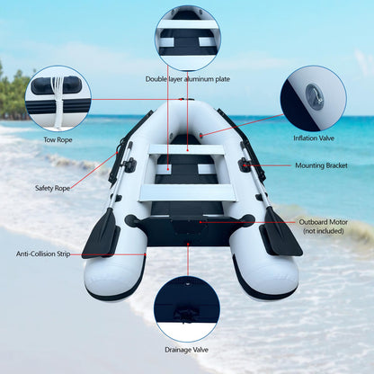 10FT Inflatable Boat,2-3Person Portable raft,2 Aluminum seat Board and 5 Aluminum Floor,3 Independent air Tubes,14 inch Large Float.No disassembly Required, Ultra Portable Design (7.5FT)