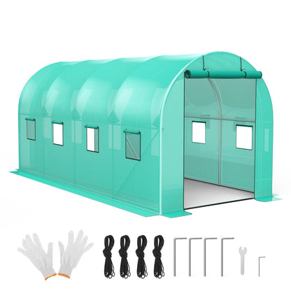 ChicCoutured 15x7x7 ft Walk-in Tunnel Greenhouse with Galvanized Steel Frame & 8 Mesh Windows, Weather-Resistant Outdoor Plant Hot House for Vegetables, Green PE Cover & 2 Roll-Up Zipper Doors