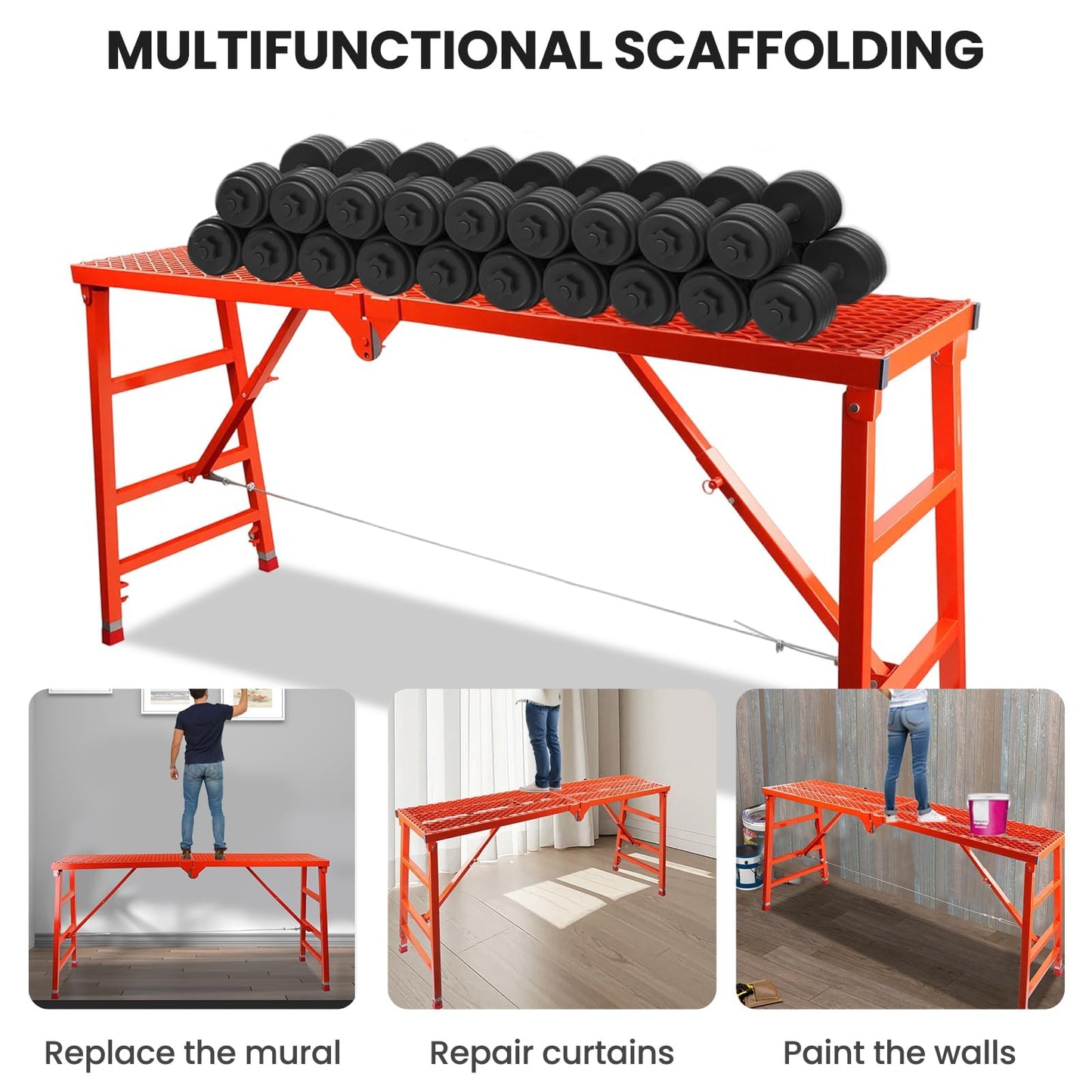 Foldable Scaffolding Platform, 70.8x15.2x36.2-62 Inch Portable Work Platform, 770 Lbs Capacity, Adjustable Height Industrial Step Ladders, Ideal for Painting, Wiring and Home Decor, Red