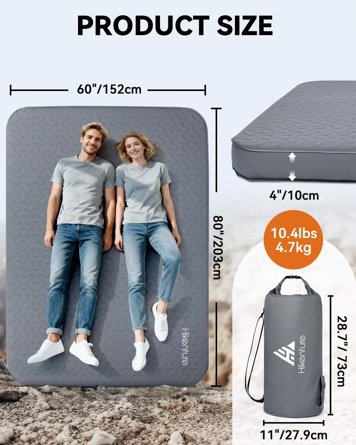 Hikenture 4" Thick Self Inflating Sleeping Pad with Electric Pump, Foam & Air Camping Mattress 2 Person Queen, 9.5 R-Value Insulated Sleeping Mat, Portable Double Camping Pad for Tent, Car, Truck