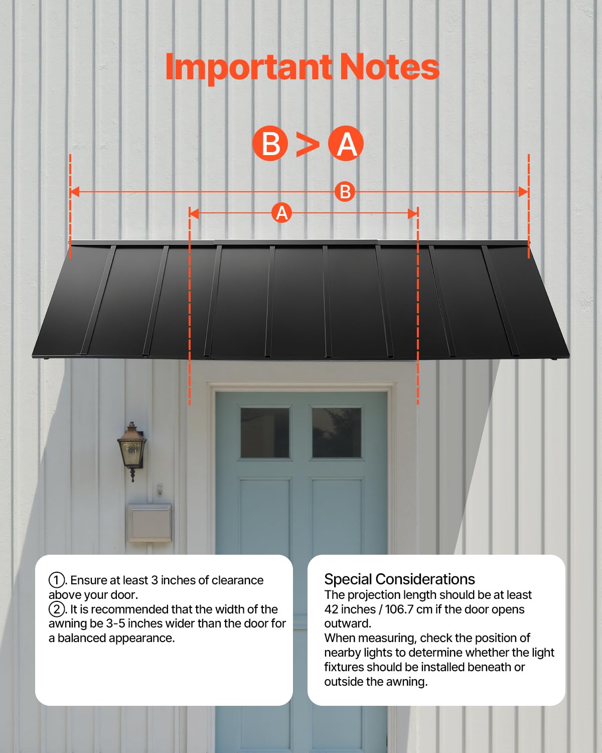 VEVOR Fixed Metal Awning 104 x 36 in, Window Awning Door Canopy, Stable Triangle Steel Frame Awnings for Doors Exterior Rain, Snow & Sunlight Protection for Door Entrance, Windows, Porches, Balconies