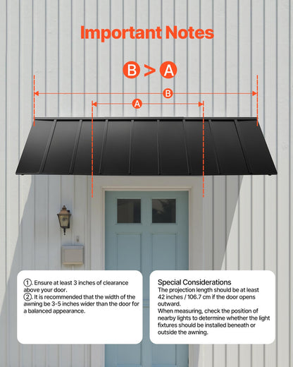 VEVOR Fixed Metal Awning 104 x 36 in, Window Awning Door Canopy, Stable Triangle Steel Frame Awnings for Doors Exterior Rain, Snow & Sunlight Protection for Door Entrance, Windows, Porches, Balconies