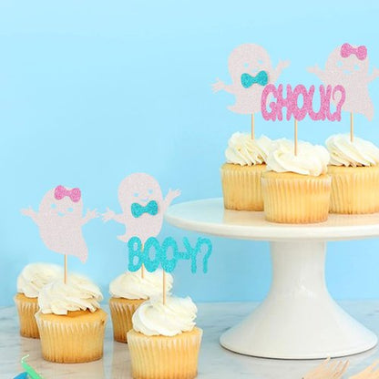 Ercadio Halloween Cupcake Toppers - 24 Pack Glitter Ghost Picks for Baby Showers & Gender Reveals