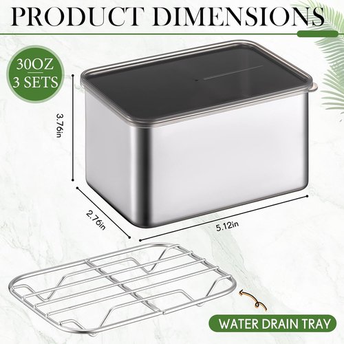 Hushee 3-Piece Stainless Steel Food Storage Containers - Airtight with Removable Drain Tray | 30 oz, 5.12 x 3.74 x 2.76 Inch