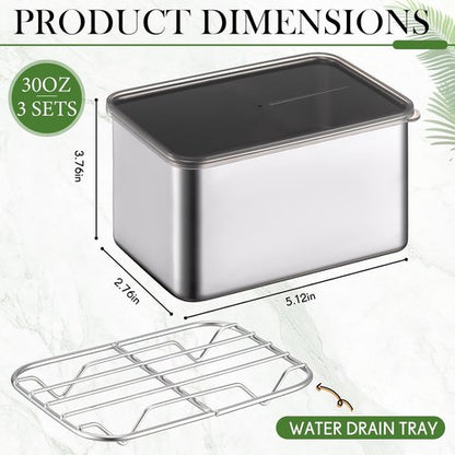 Hushee 3-Piece Stainless Steel Food Storage Containers - Airtight with Removable Drain Tray | 30 oz, 5.12 x 3.74 x 2.76 Inch