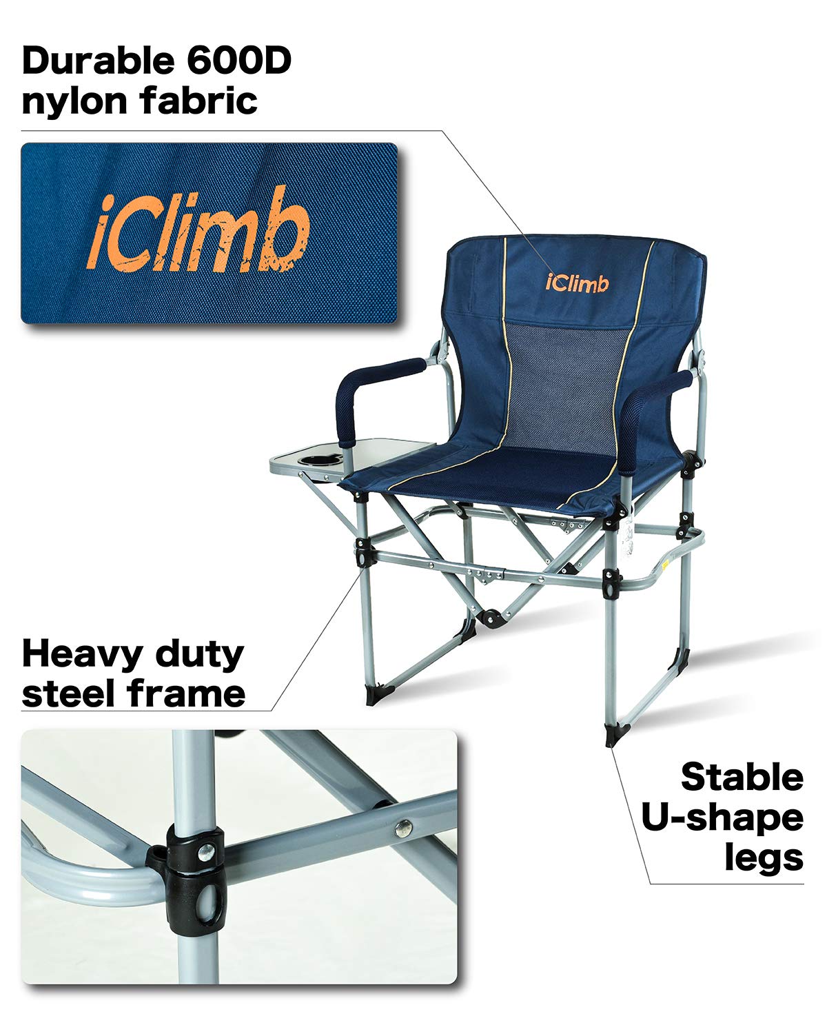iClimb 1 Stable Square Table and 1 Heavy Duty Compact Folding Chair Bundle for Adults Outdoor Camping Glamping Concert Beach Backyard RV Travelling