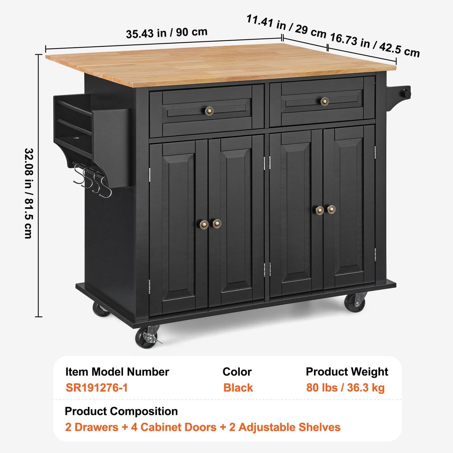 VEVOR Kitchen Island Cart, 35" Wood Top Mobile Carts with Storage Cabinet, Rolling Table with Drop Leaf, Spice Rack, Towel Bar, Adjustable Shelf, Drawer, and Hooks, Portable Islands on Wheels, Black