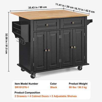 VEVOR Kitchen Island Cart, 35" Wood Top Mobile Carts with Storage Cabinet, Rolling Table with Drop Leaf, Spice Rack, Towel Bar, Adjustable Shelf, Drawer, and Hooks, Portable Islands on Wheels, Black