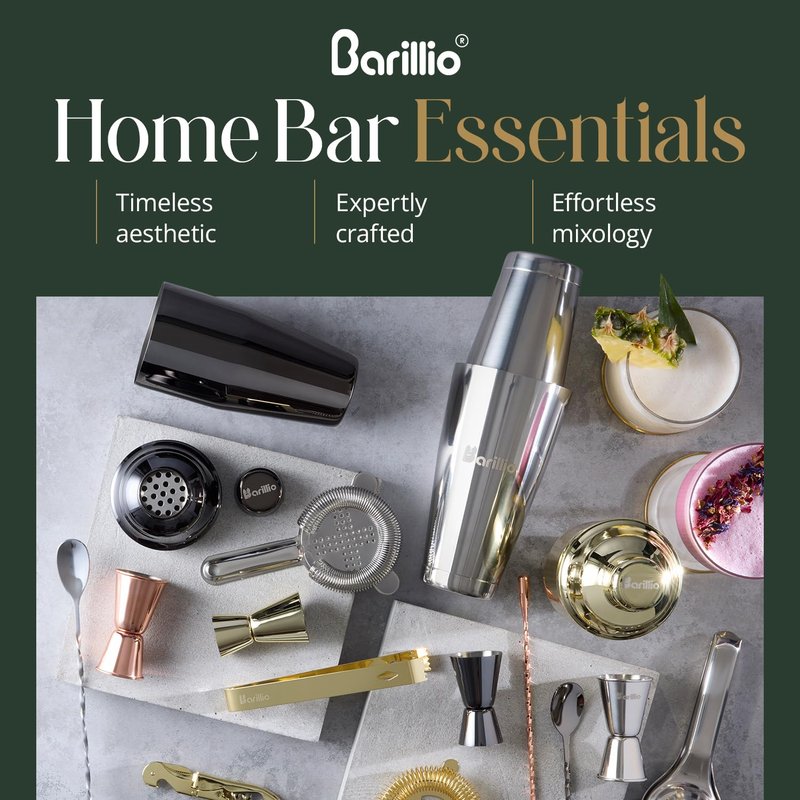 Barillio Rose Gold Bartender Kit - Stainless-Steel Cocktail Shaker Set w/Bamboo Stand - Mixology Bar Tools w/Drink Shaker, Mixer and Muddler for Cocktails - Home Bar Accessories - 23-Pc Bar Set