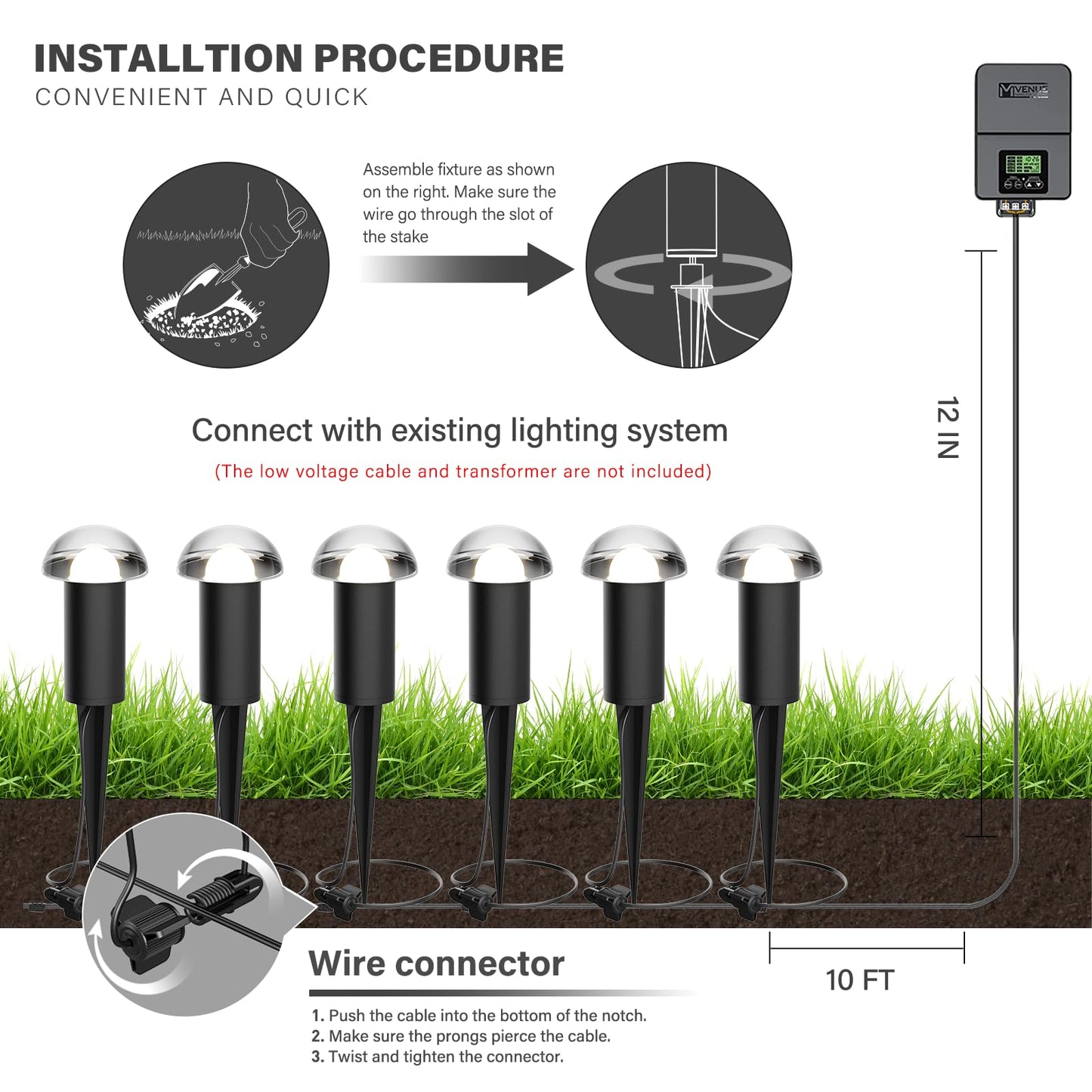VENUS MANUFACTURING Low Voltage Landscape Pathway Lighting 6PK 1.5W LED Mushroom Lights 35Lumen Wired Walkway Light 3000K Warm White Driveway & Sideway Lights Metal Black Finish with Connector Stake