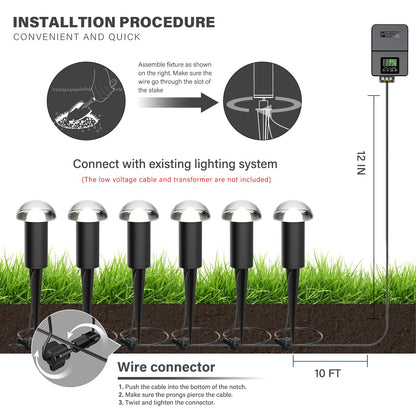 VENUS MANUFACTURING Low Voltage Landscape Pathway Lighting 6PK 1.5W LED Mushroom Lights 35Lumen Wired Walkway Light 3000K Warm White Driveway & Sideway Lights Metal Black Finish with Connector Stake
