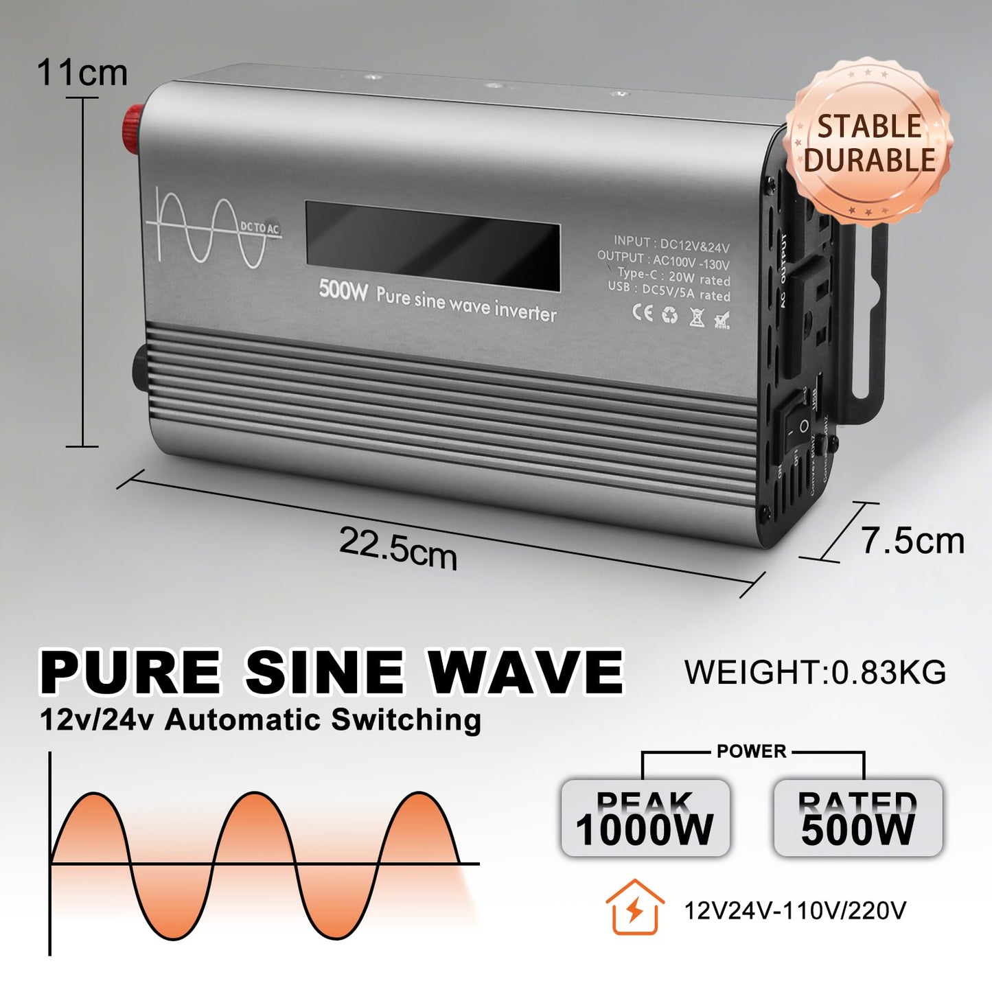LYZGDBU 500W Pure Sine Wave Power Inverter with Digital Display,Dual AC Outlets & Fast Charging USB/Type-C,12V/24V to 110V AC Converter with Overload Protection for Car RV Truck Home Camping