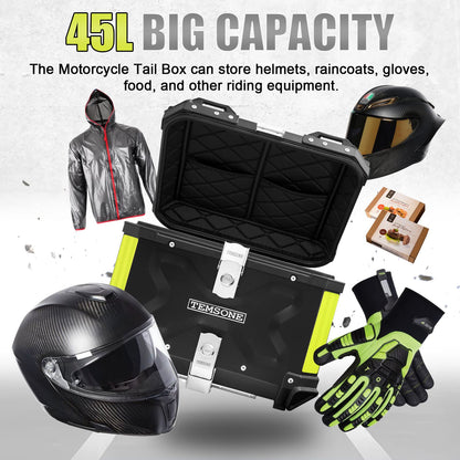 TEMSONE 45L Universal Motorcycle Top Case, Waterproof Motorcycle Tail Box with Backrest & Handle, Dual-key Storage Carrier Case, Aluminum Trunk Tour Tail Box for Store Helmet