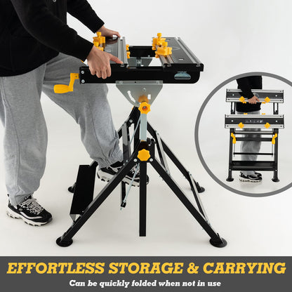 Toolsempire Portable Workbench, Folding Work Bench and Vise with 2 Rotary Handles, 7-Level Adjustable Height, 8 Sliding Clamps, Tiltable & Extendable Tabletop, Workbench Table for Garage, Workshop