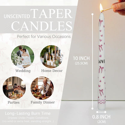 Pink Bow Heart Taper Candles -2 Pcs Unscented 10 Inches Long Candlesticks Flower Print Tapered Candle for Home Party Wedding Restaurant Holiday Decor