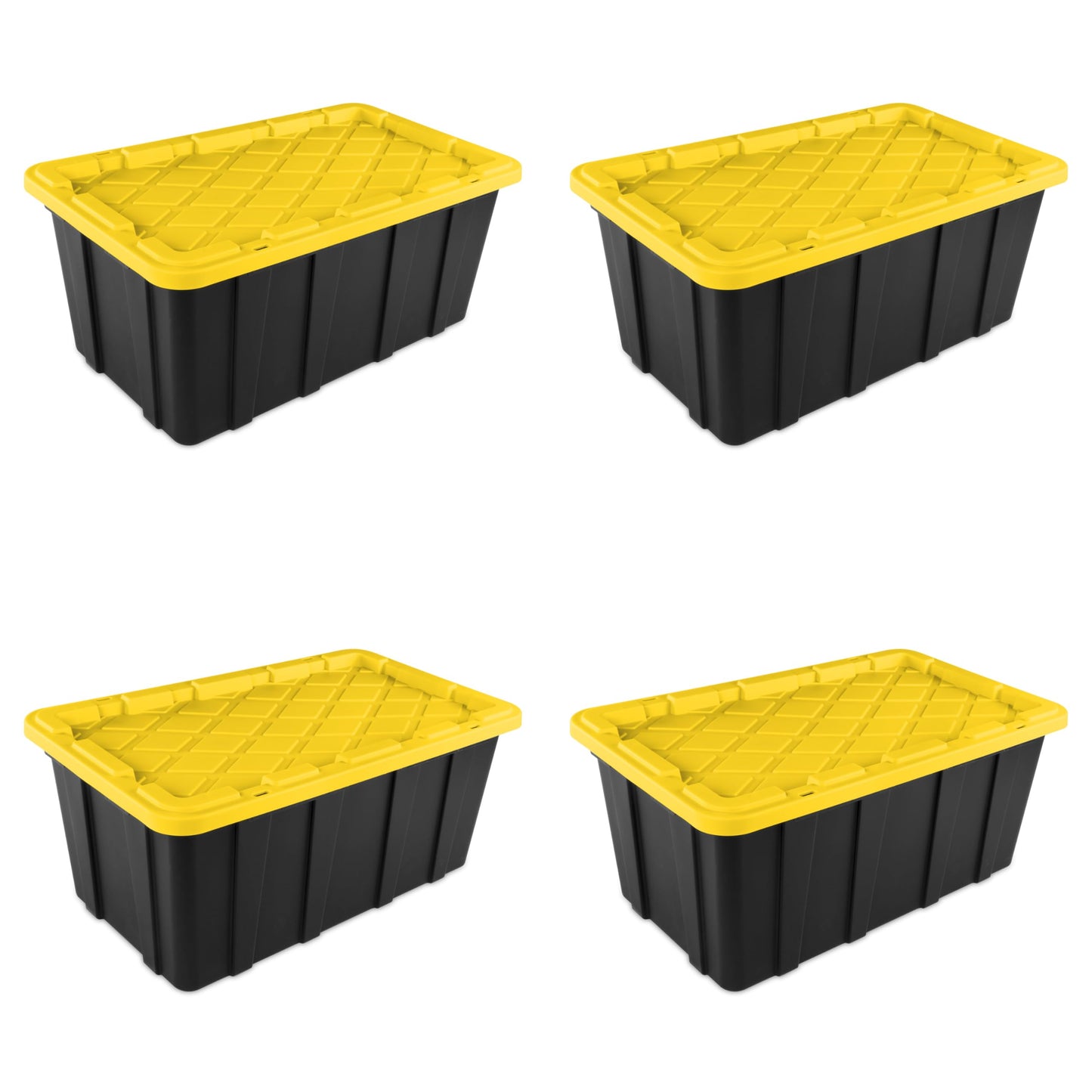 Sterilite 38 Gal Industrial Tote, Stackable Storage Bin with Snap-Fit Lid for Garage, Basement & Attic Storage, Black Base and Yellow Lily Lid, 4-Pack
