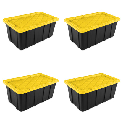 Sterilite 38 Gal Industrial Tote, Stackable Storage Bin with Snap-Fit Lid for Garage, Basement & Attic Storage, Black Base and Yellow Lily Lid, 4-Pack