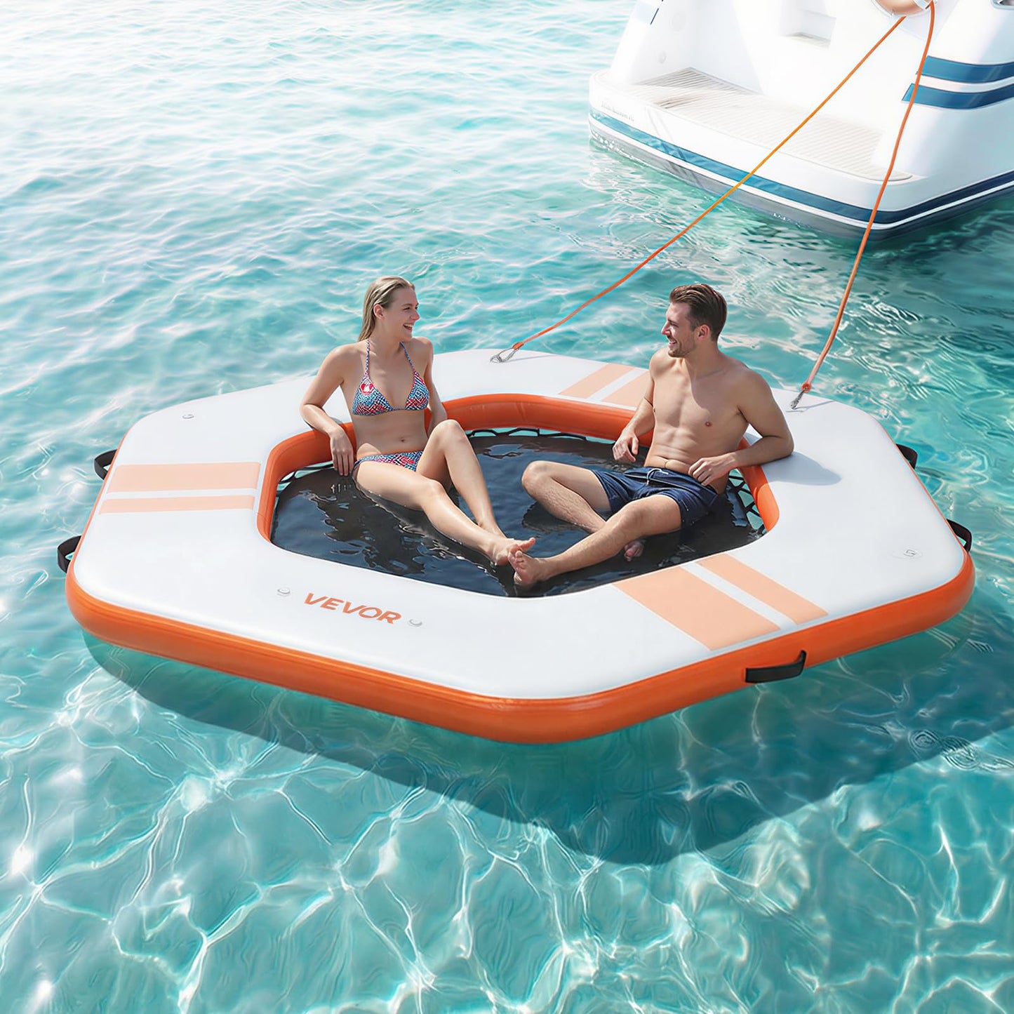 VEVOR Inflatable Floating Dock, 8.5x8.5 FT Inflatable Dock Platform, Non-Slip Water Mat with Portable Carrying Bag & Detachable Ladder, Floating Water Platform Island Raft for Pool Beach Ocean, Orange