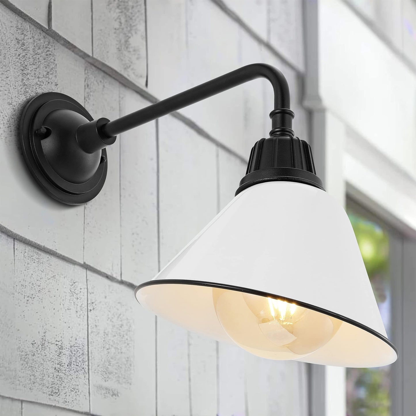 JONATHAN Y 9.63" White/Black 1-Light Farmhouse Outdoor Sconce, Industrial LED Wall Light, Gooseneck Arm Barn Lamp with Metal Bell Shade for Porch, Patio, Kitchen, LED Bulb Included JYL7612A