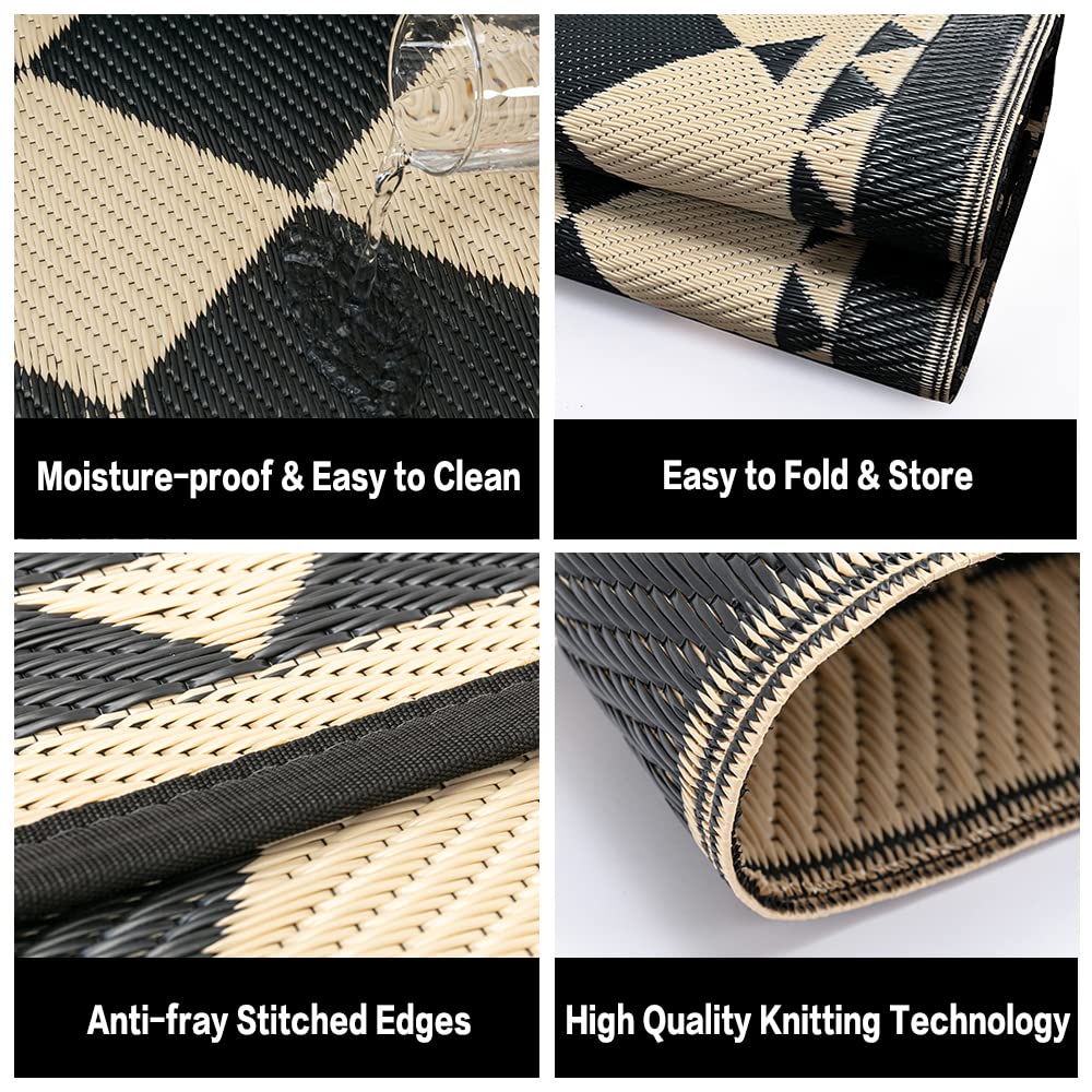 HUGEAR Outdoor Waterproof Rug 10'x14' Plastic Straw Rugs Washable Reversible Floor Mat Beige Plaid Carpet for Camping RV Deck Entryance Porch Picnic Balcony Beach Backyard