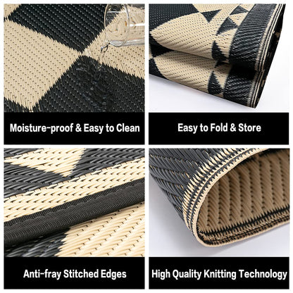 HUGEAR Outdoor Waterproof Rug 10'x14' Plastic Straw Rugs Washable Reversible Floor Mat Beige Plaid Carpet for Camping RV Deck Entryance Porch Picnic Balcony Beach Backyard