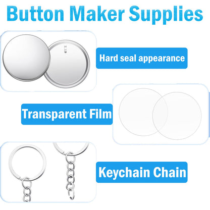 Button Maker Keychains Supplies, 200 Pcs 58mm Pin Maker Set, Metal Button Maker Supplies with Metal Shell Cover, Transparent Film & Chain Head