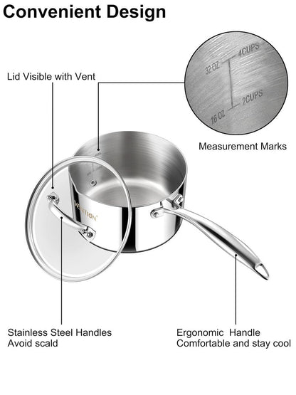 VENTION Tri-Ply Stainless Steel 1 Quart Saucepan with Lid, Bright Small Sauce Pan with Pour Spout, Small Pots for Cooking