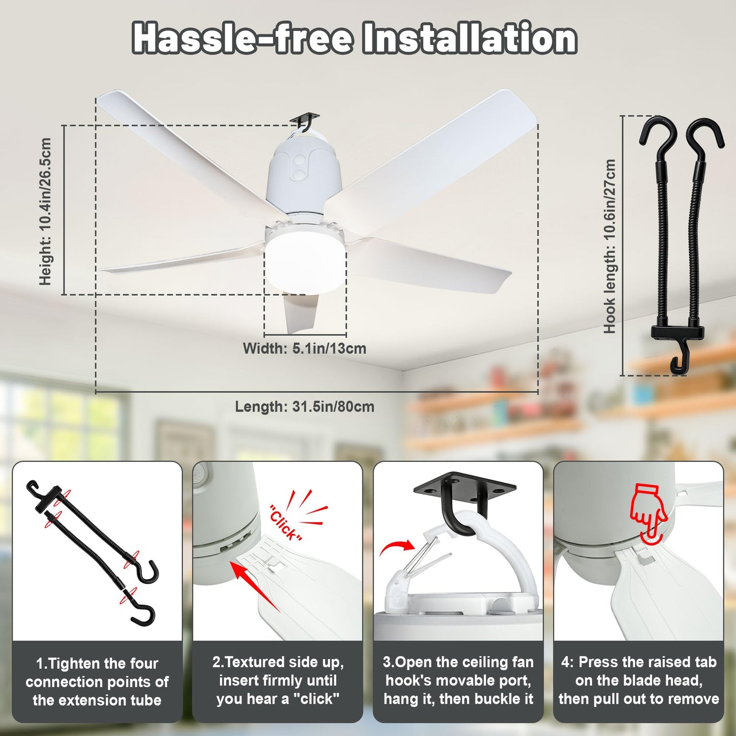 Gazebo Outdoor Ceiling Fan Light 31.5'', 40000mAh Large Portable Ceiling Fan With Remote and Hanging Hook, 4 Wind Speeds, 3000K-6500K Dimmable Canopy Fan Light For Patios, Pop Up Tent, Camping