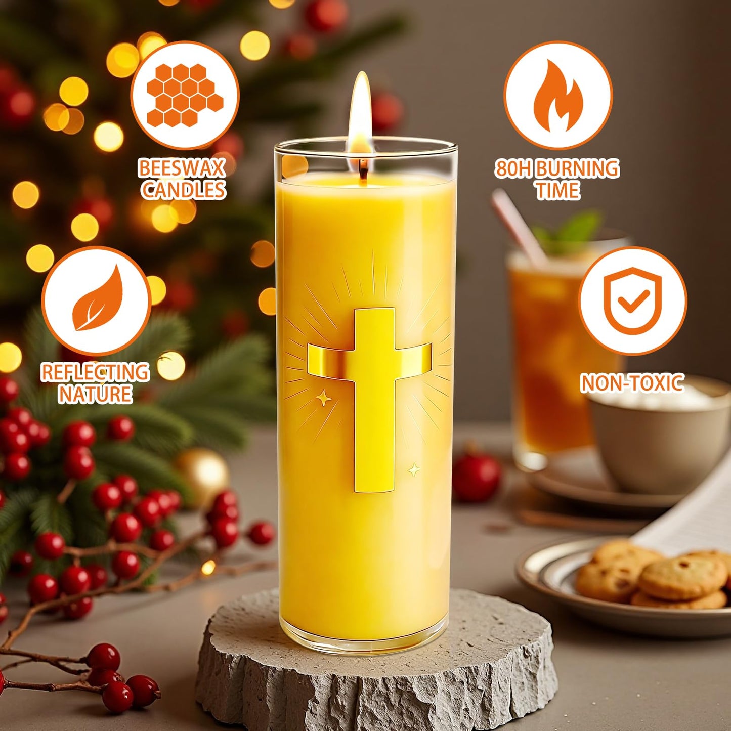 CysEdge Pure Beeswax Prayer Candles – 2 Glass Jars, 80 Hours Each, Unscented Pillar Candle Suitable for Churches, Memorials, Religious Vigils, Christian Gifts