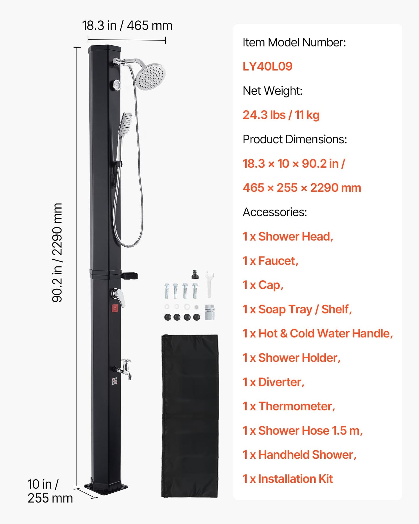 VEVOR Solar Shower, 10.6 Gal, 6.7FT Showerhead Height Outdoor Shower, Black, with Handheld & Foot Faucet, Hot & Cold Water Adjustment, Freestanding for Backyard Poolside Beach Pool