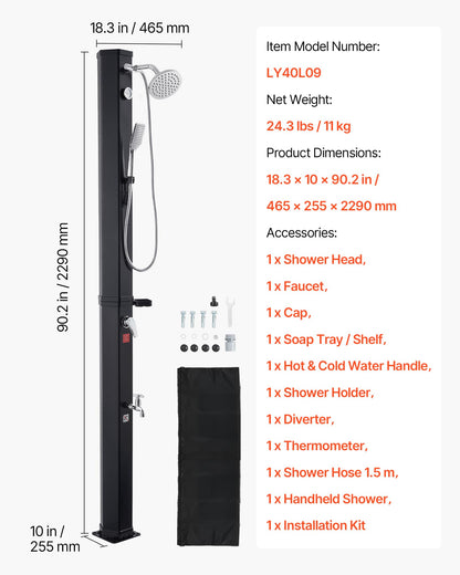 VEVOR Solar Shower, 10.6 Gal, 6.7FT Showerhead Height Outdoor Shower, Black, with Handheld & Foot Faucet, Hot & Cold Water Adjustment, Freestanding for Backyard Poolside Beach Pool