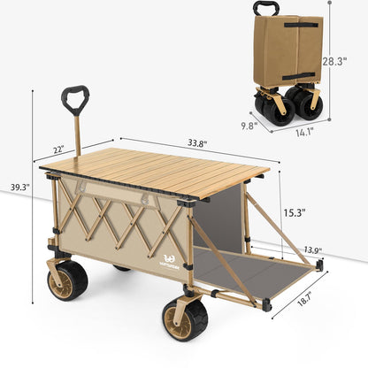 Whitsunday Collapsible Folding Wagon with Table,Heavy Duty Utility Beach Wagons with Opened Tailgate and All-Terrain Wheels for Camping,Garden,Sports Khaki