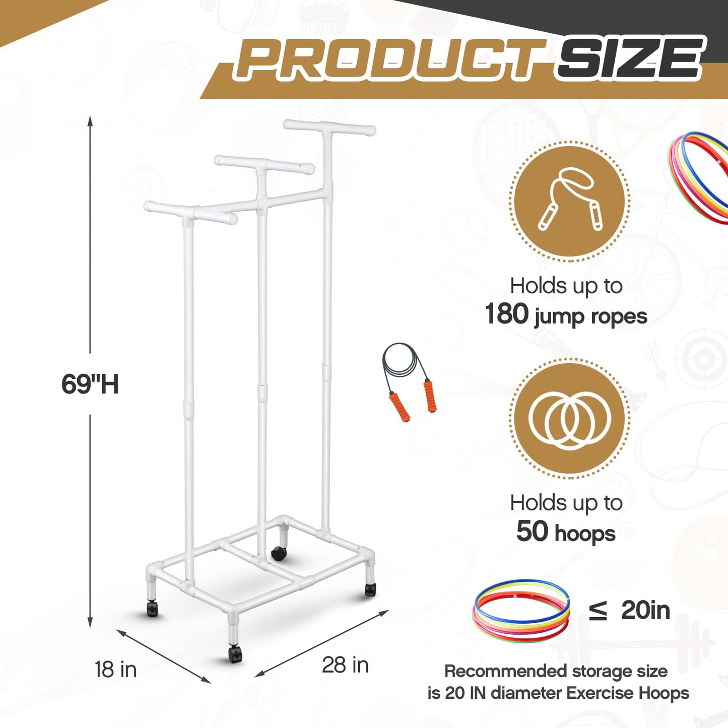 Duraaamo PVC Hoop Cart Plastic Jump Rope Rack with Wheels Movable Hoop and Rope Holder PE Equipment Stand for Storage Indoor Outdoor Sports Elementary School Gear, 28 x 18 x 69 Inch