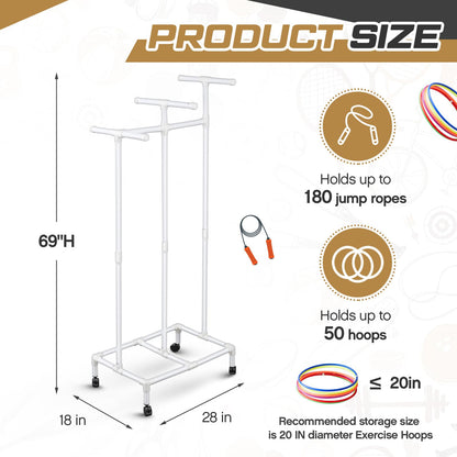 Duraaamo PVC Hoop Cart Plastic Jump Rope Rack with Wheels Movable Hoop and Rope Holder PE Equipment Stand for Storage Indoor Outdoor Sports Elementary School Gear, 28 x 18 x 69 Inch