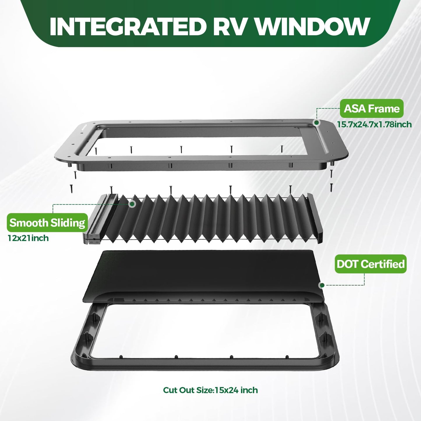 RVGUARD Integrated RV Window 15.7x24.7x1.78 IN, RV Entry Door Window Kit with Sliding Window Shade 12x21 IN, Camper Windows Replacement for Cargo Trailer