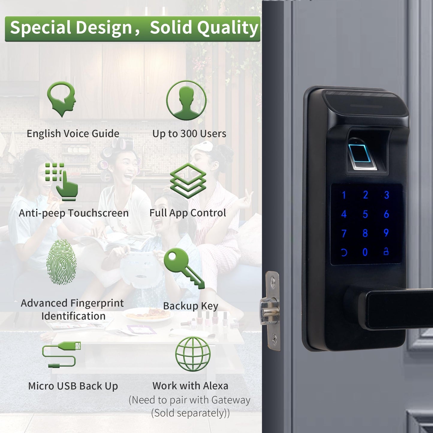 Harfo Smart Door Lock, Heavy Duty 5 in 1 Keyless Entry Door Lock, Full App Control Digital Keypad Lock, Reversible Handle with Fingerprints and Passcodes for Family/Office/Apartment (Gold)