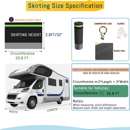 RV Skirting 66FT x 2.6FT, Heavy Duty Insulated Windproof Waterproof Camper Skirt, Stainless Steel Bottom & Reflective Strips, Quick Installation for 5th Wheel, Travel Trailer, Outdoor Storage