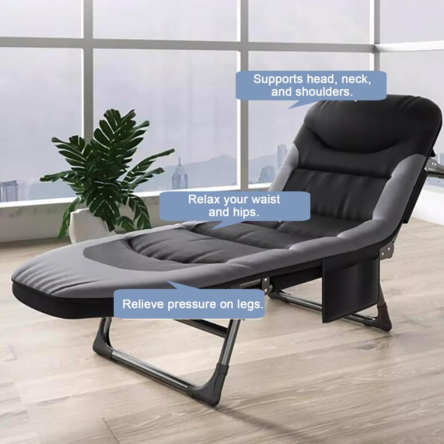 OVLRIJP Folding Lounge Chairs for Outside, Portable Camping Cot, 6-Position Chaise Lounge Chairs with Side Pocket and Mattress, Heavy Duty Chaise Lounges for Outdoor Patio Balcony Beach (Black)