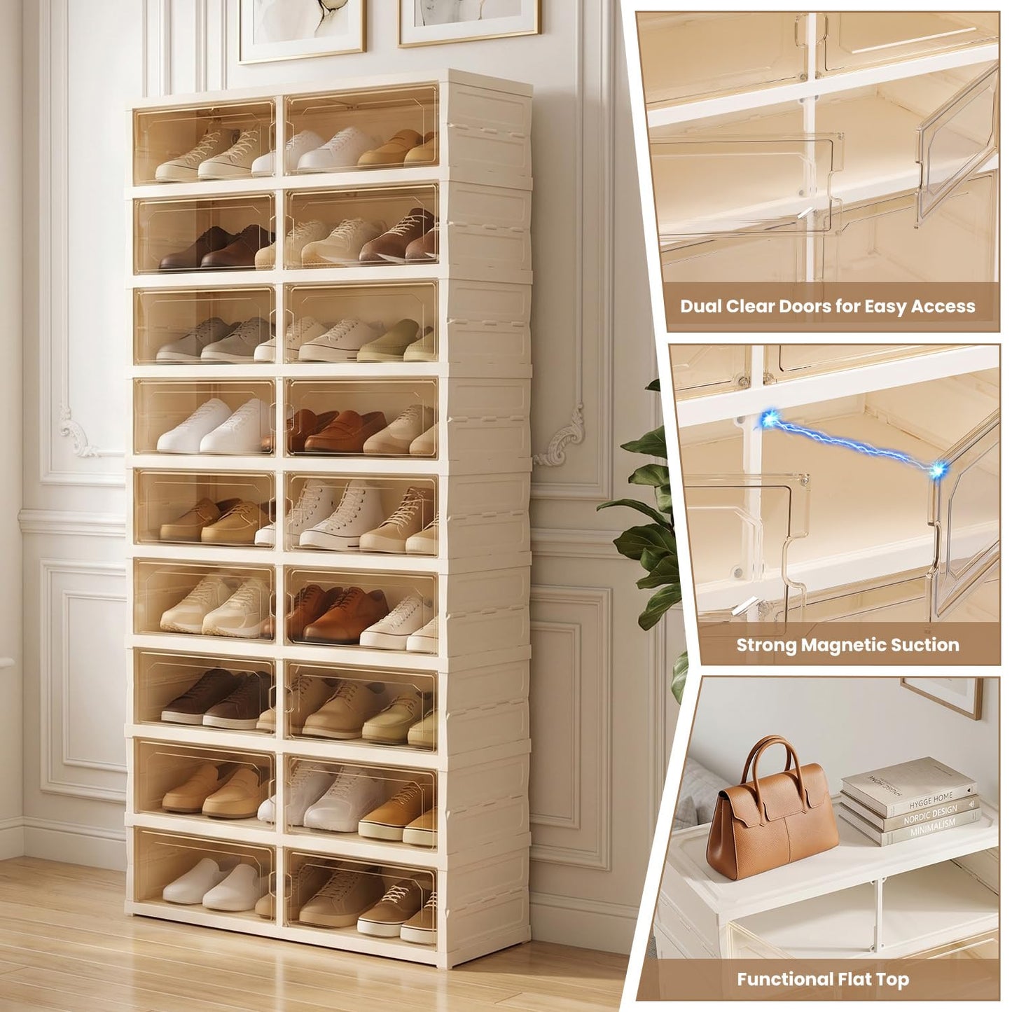 Tykacna Foldable Shoe Rack with Doors, Stackable Plastic Shoe Organizer, Large Clear Shoe Storage Boxes for Closet and Entryway, Portable Collapsible Shoe Cabinet 9 Tiers, 27Pairs