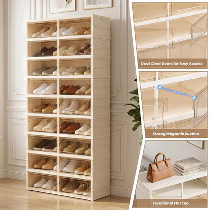 Tykacna Foldable Shoe Rack with Doors, Stackable Plastic Shoe Organizer, Large Clear Shoe Storage Boxes for Closet and Entryway, Portable Collapsible Shoe Cabinet 9 Tiers, 27Pairs