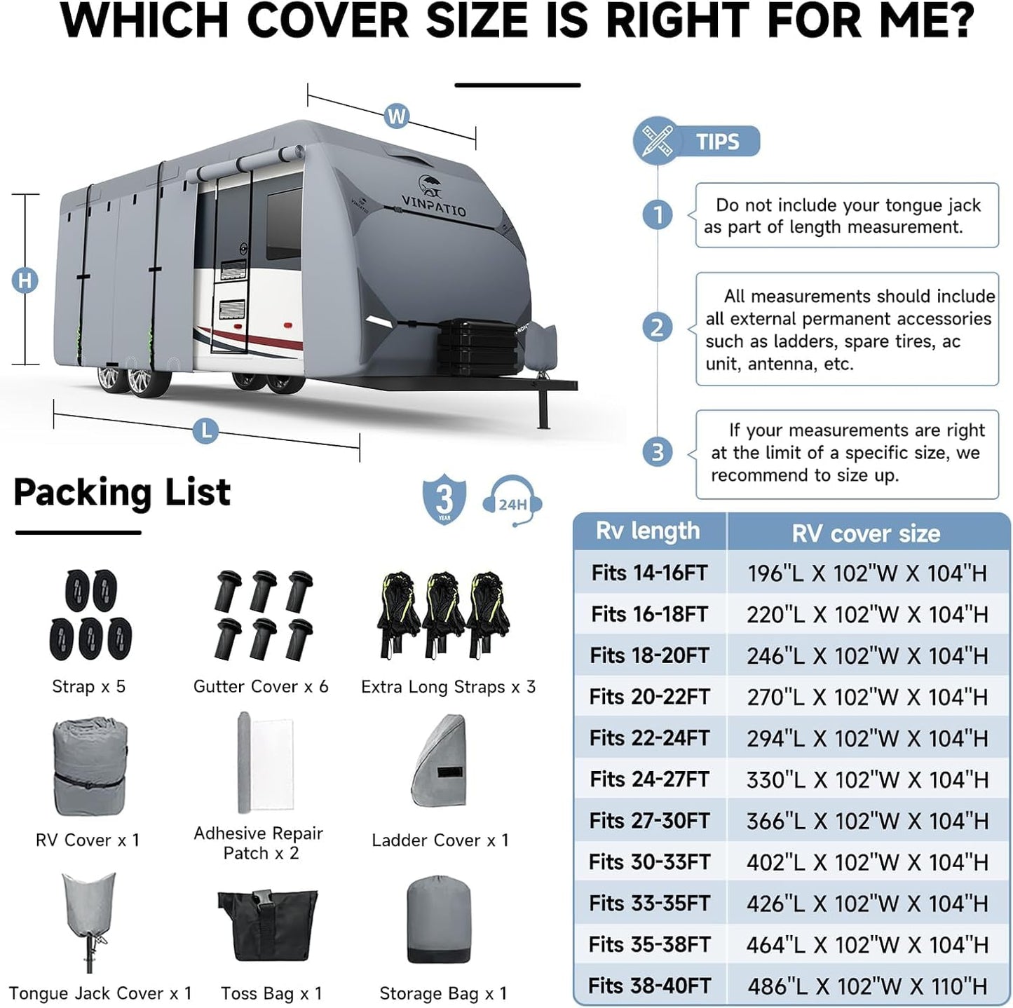 VINPATIO RV Cover, 7 Layers Heavy Duty Travel Trailer Cover, Toy Hauler Cover Fits 27'-30' RV, Camper Cover with Extra Windproof Straps, Gutter Covers, Tongue Jack Cover